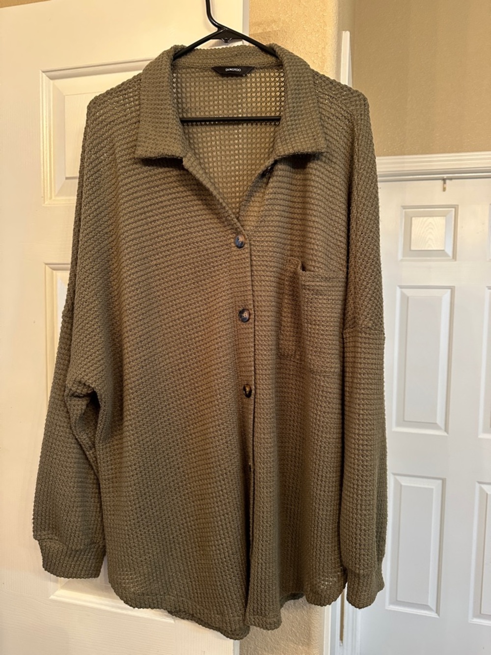 Waffle Knit Button-Front Cardigan Shirt - Olive
